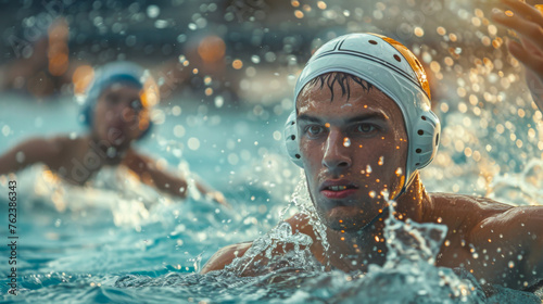 Young water polo player in action during a match in the pool © Paula