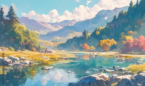 Watercolor landscape of mountains and a lake in autumn.