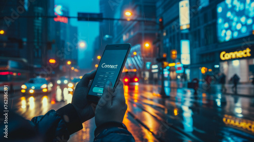 Smart phone capturing illuminated city street with 'Connect' on screen