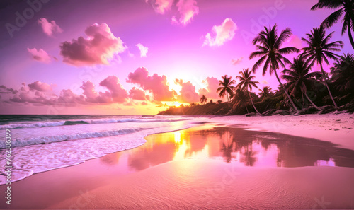 Illustration of sunset on a paradisiacal beach with coconut trees. Pink  yellow  blue and lilac. Summer concept.