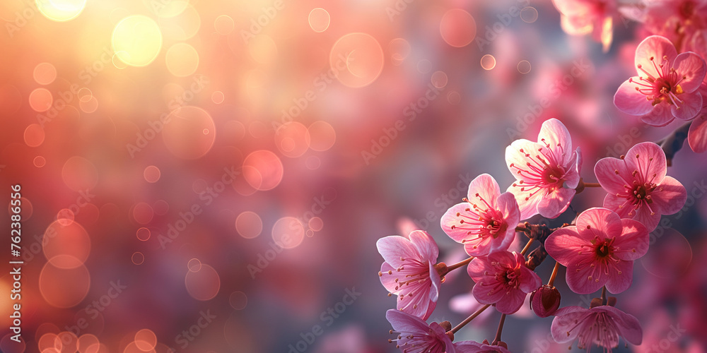 Warm sunset light accentuates the delicate pink cherry blossoms. Blooming cherry blossoms at sunset. Banner with copy space. 