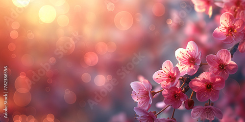 Warm sunset light accentuates the delicate pink cherry blossoms. Blooming cherry blossoms at sunset. Banner with copy space. 