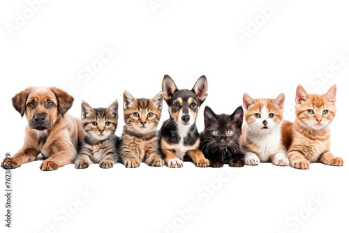 Group of Happy dogs and cats that looking at the camera together isolated on transparent background, Row of friendship between dog and cat, amazing friendliness of the pets. © TANATPON
