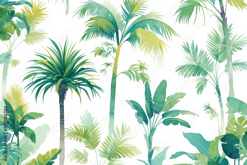 watercolor tropical leaves and palm trees pattern, green color palette