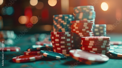 vibrant, colorful stacks of casino chips on a gaming table, representing the high stakes and excitement of a gambling night.