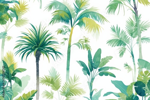 watercolor tropical leaves and palm trees pattern  green color palette
