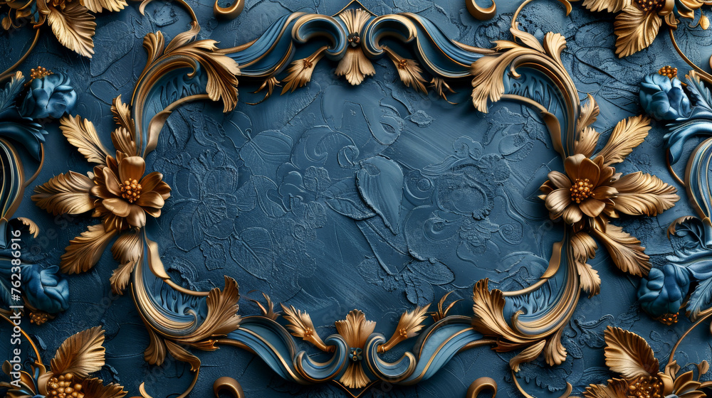 frame on the wall dark blue and gold wallpaper