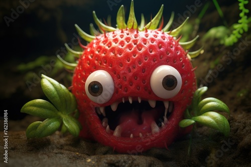 Scary strawberry monster with sharp teeth and bulging eyes. GMO concept photo
