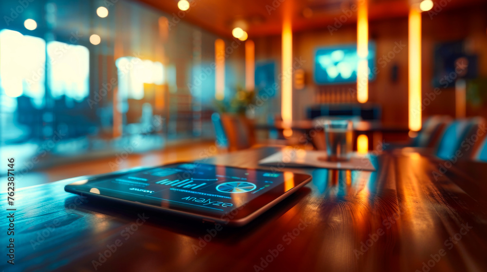 Tablet with business analytics display on wooden table in a bright modern office interior.