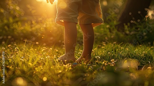 a 2-year-old boy standing on the lush lawn in front of the house, bathed in warm light, that invites viewers to immerse themselves in the charm of early childhood.