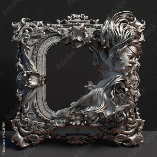 antique silver frame, white gold with child face art illustration 3d  © WettE