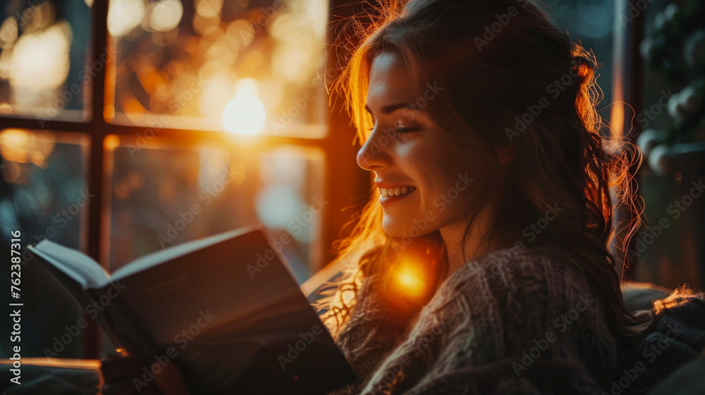 Woman enjoying reading book in cozy home setting at sunset. Leisure and relaxation concept Woman enjoying reading book in cozy home setting at sunset. Leisure and relaxation concept