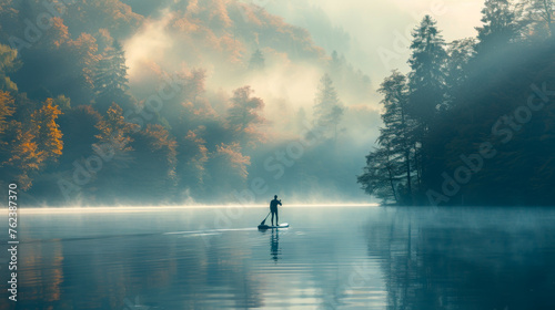 Man paddle boarding on a misty lake at sunrise. Serene nature and adventure concept with copy space.
