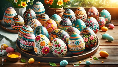 Easter eggs painted with vibrant colors and intricate designs such as floral, geometric, and traditional motifs