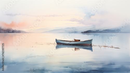 A watercolor illustration of a serene lake with a minimalist boat on a calm lake, reflecting the gentle hues of dawn or dusk.