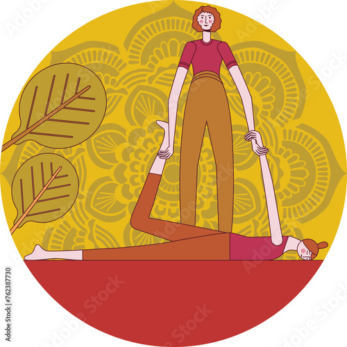 Shiatsu full body massage by professional therapist in spa. Isolated flat vector illustration in circle shape.