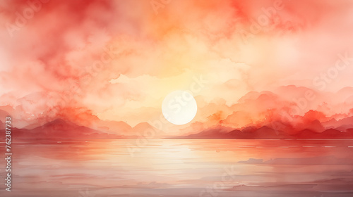 A watercolor illustration of a warm sunset over the ocean, with the sun dipping into the horizon beneath a sky ablaze with clouds. © NaphakStudio