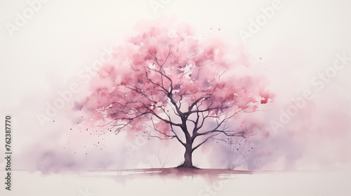 The watercolor illustration features a cherry blossom tree in full bloom, painted with soft pink strokes, emanating a springtime vibe. © NaphakStudio