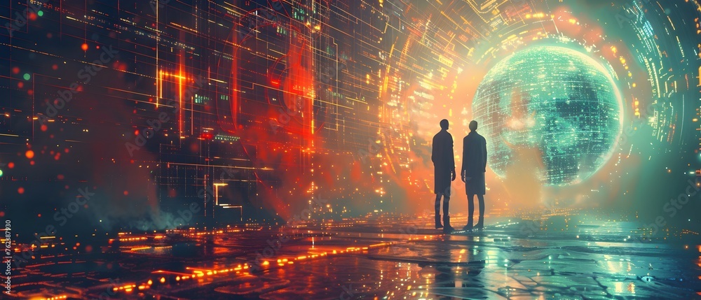 Futuristic Cyberpunk Cityscape with Illuminated Spherical Hologram Backdrop Showcasing Technological Innovation and Progress