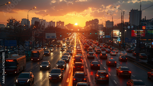 Busy city traffic at sunset with vibrant sky and urban skyline. photo