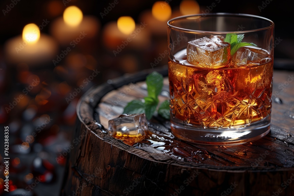 Tableware with a glass of Tennessee whiskey on a wooden barrel 4 Tableware with a glass of Tennessee whiskey on a wooden barrel 4
