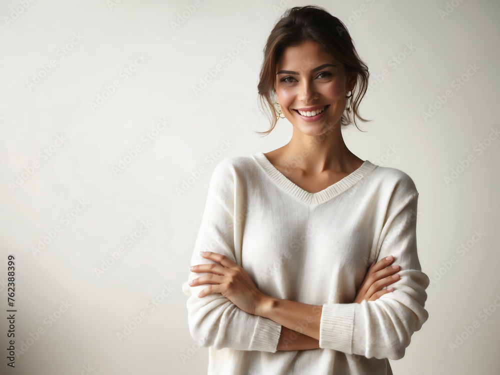 Fröhliche junge Frau im eleganten weißen Pullover vor hellem Hintergrund Fröhliche junge Frau im eleganten weißen Pullover vor hellem Hintergrund