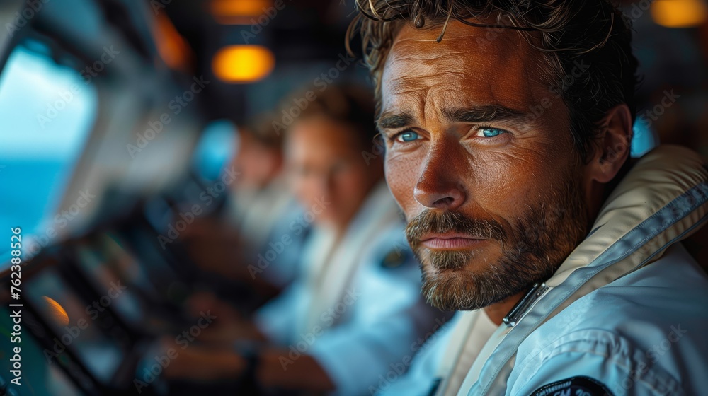 a man with a beard is sitting at the steering wheel of a boat 2 a man with a beard is sitting at the steering wheel of a boat 2