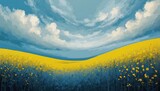 Abstract watercolor illustration background of blue sky and rape field. AI generated