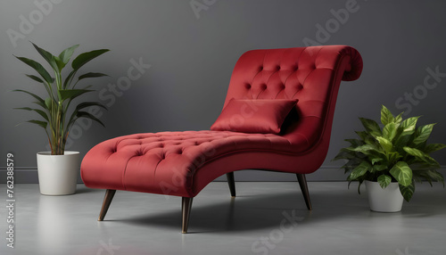 a crimson Chaise Lounge Chair in gray background with plant
