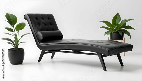 a black Chaise Lounge Chair in white background with plant