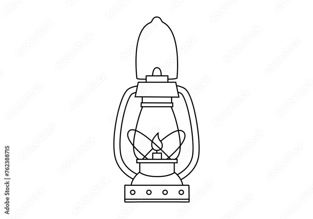 Hand drawn cute outline illustration of camping lantern. Flat vector outdoor fire equipment sticker in line art doodle style. Tourism kerosene lamp icon. Adventure, hiking. Isolated. - obrazy, fototapety, plakaty 