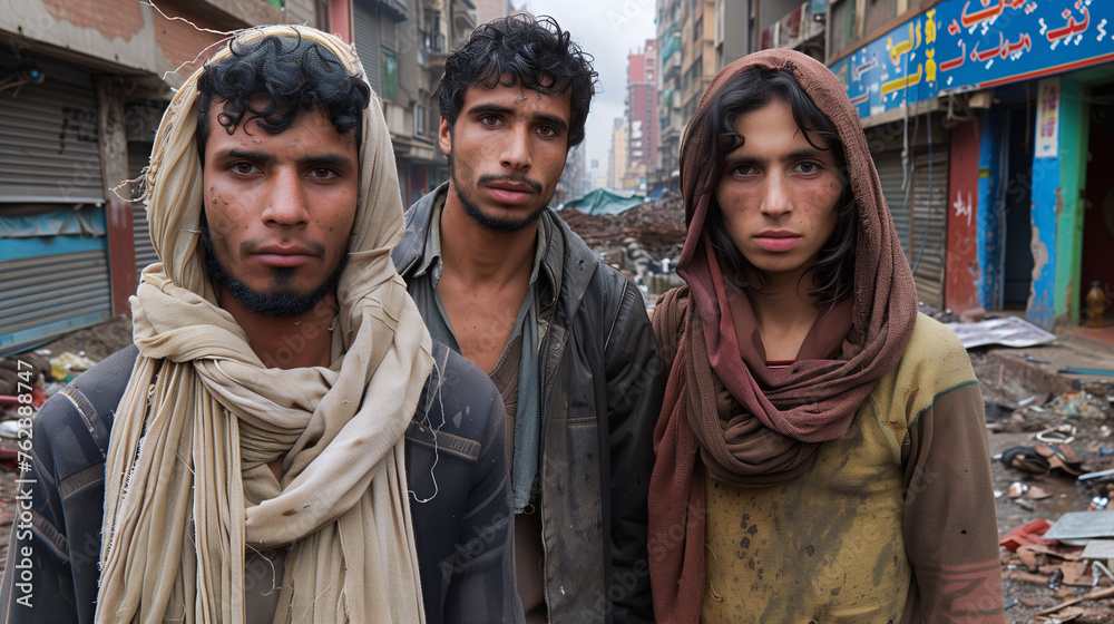 Three young men on a street in a developing country, looking at the camera with a backdrop of urban decay.