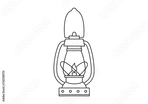 Hand drawn cute outline illustration of camping lantern. Flat vector outdoor fire equipment sticker in line art doodle style. Tourism kerosene lamp icon. Adventure, hiking. Isolated.