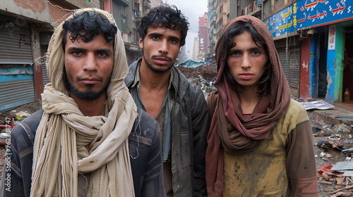 Three young men on a street in a developing country, looking at the camera with a backdrop of urban decay.