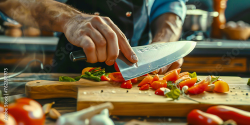 A chef expertly slices vegetables with a sharp knife, emphasizing precision and ease of use photo