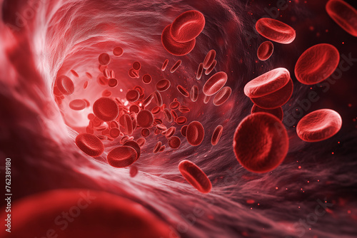 Bloodstream journey with red blood cells. Digital visualization of red blood cells flowing through an artery photo