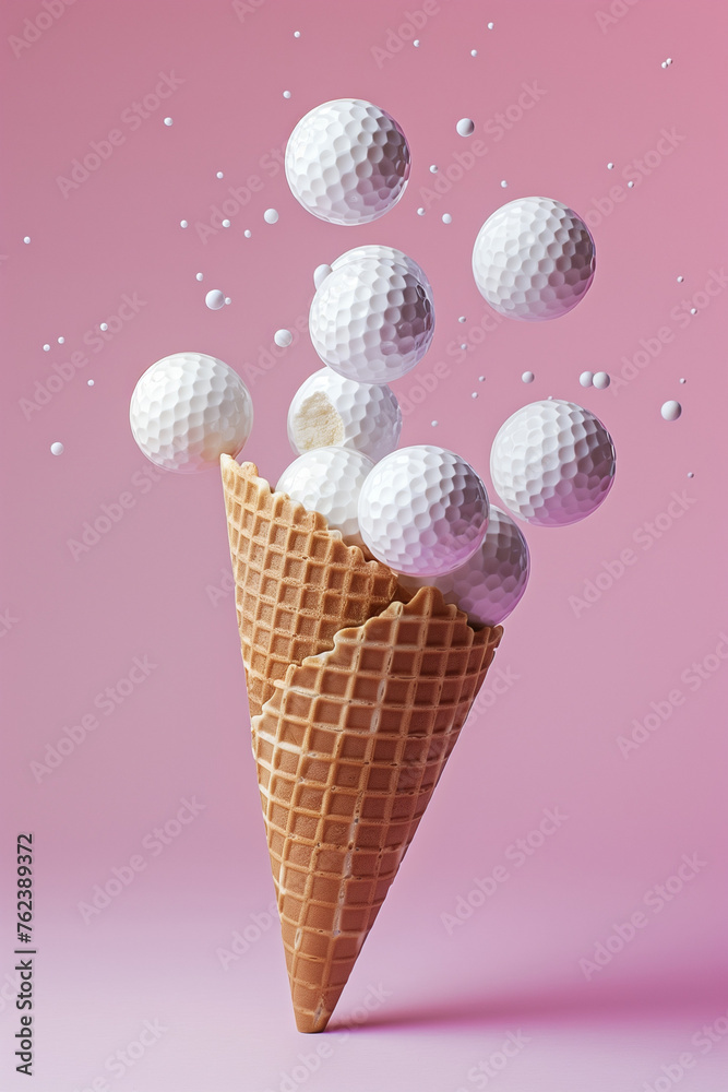 Surreal concept of waffle cone and flying golf balls like a ice cream scoop. Minimal mix of sport and food. Surreal concept of waffle cone and flying golf balls like a ice cream scoop. Minimal mix of sport and food.