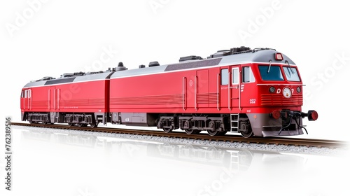 A Detailed Model of a Classic Red Diesel Locomotive Train on a White Background