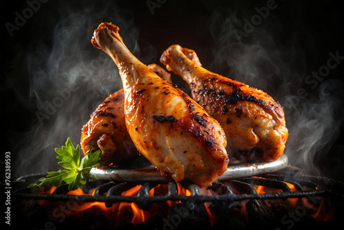 grilled meat on the grill, juicy seasoned chicken drumsticks on a grill. ai generated photo