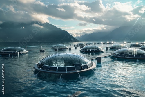 Scenic view of futuristic domes floating on water with mountains and cloudy sky