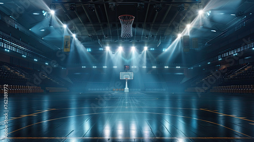 Empty basketball arena  stadium  sports ground with flashlights and fan sits 