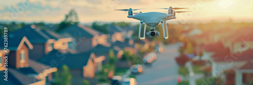 a drone flying overhead in a residential area, representing the potential misuse of AI in surveillance and privacy invasion