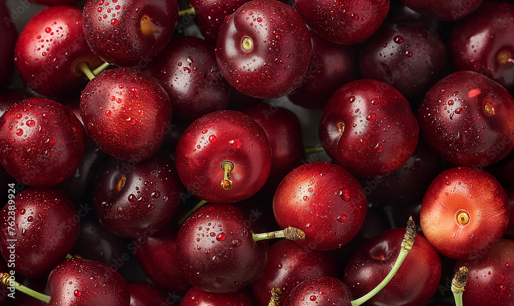 Ripe cherries texture. Close-up of fresh, ripe, and juicy cherries with water droplets, showcasing vibrant red color and detailed texture, organic agriculture backgrounds Ripe cherries texture. Close-up of fresh, ripe, and juicy cherries with water droplets, showcasing vibrant red color and detailed texture, organic agriculture backgrounds