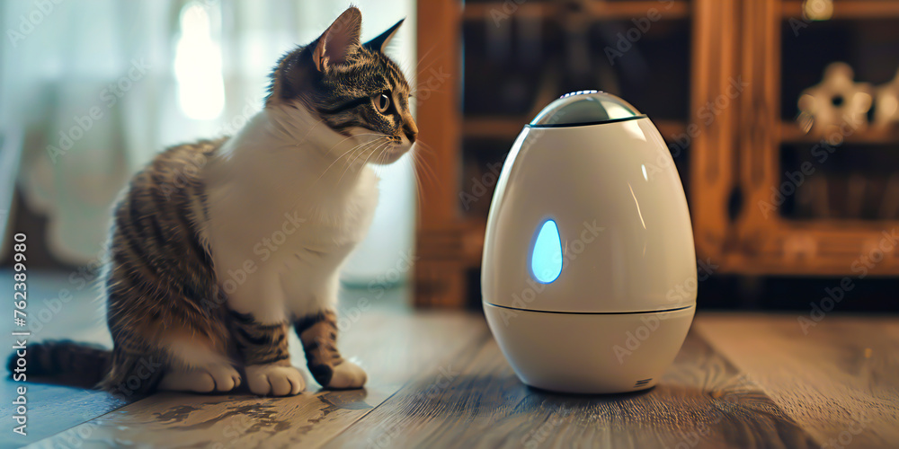 A futuristic pet translator device deciphers cat meows, revealing their secret desires - obrazy, fototapety, plakaty 