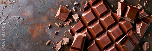 A gourmet chocolate bar broken into pieces, revealing a rich, creamy filling, copy space