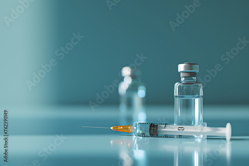 Medical vaccine vials and syringe on reflective surface. Studio close-up photography. Healthcare and medical vaccination concept for design and print. Macro shot with copy space