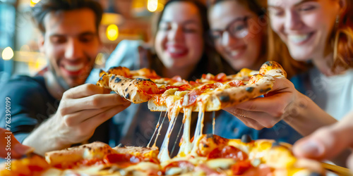 A group of friends share a hearty laugh while enjoying a pizza, showcasing its gooey cheese and crispy crust. photo