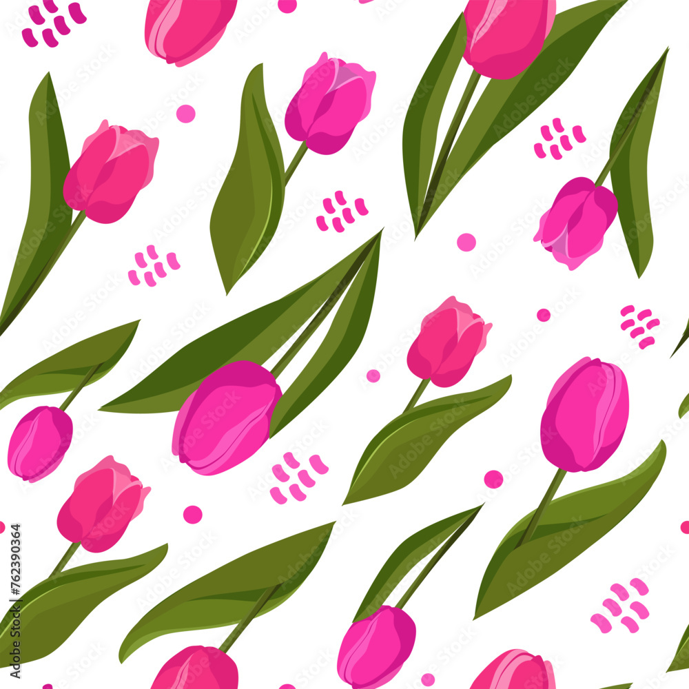 Seamless vector pattern with pink tulips on white background. Flat design with flowers for textile Seamless vector pattern with pink tulips on white background. Flat design with flowers for textile