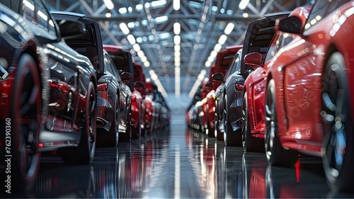 rows of brand-new cars neatly parked at a factory parking lot, showcasing the efficiency and scale of automobile production. © lililia