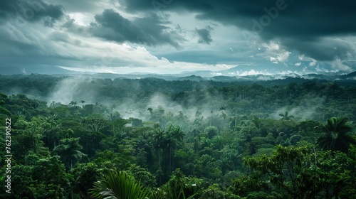 Image of clouds in tropical weather in Peruvian Jungle. Amazon rain forest weather. Overcast sky closed to rain.